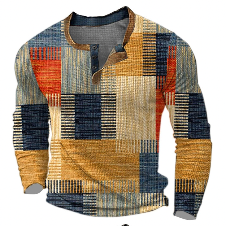Henley-sweatshirt til herre med knappelist og geometrisk mønster