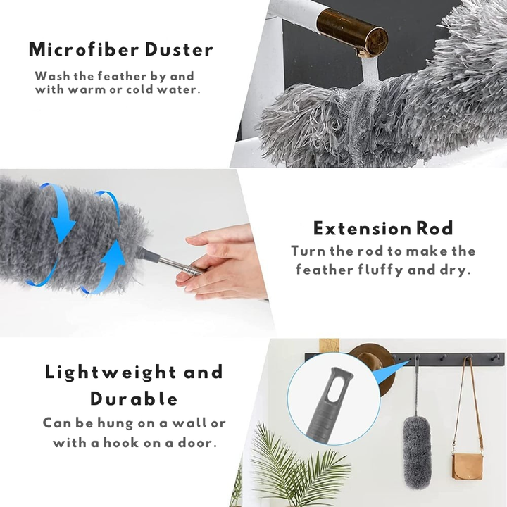 Uttrekkbar støvvisker i mikrofiber | Ekstra lang rekkevidde | Fleksibelt hode | Vaskbar