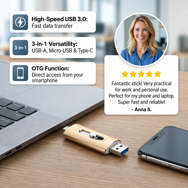 3-i-1 USB-minnepinne | USB 3.0 høyhastighet med Type-C og OTG-adapter
