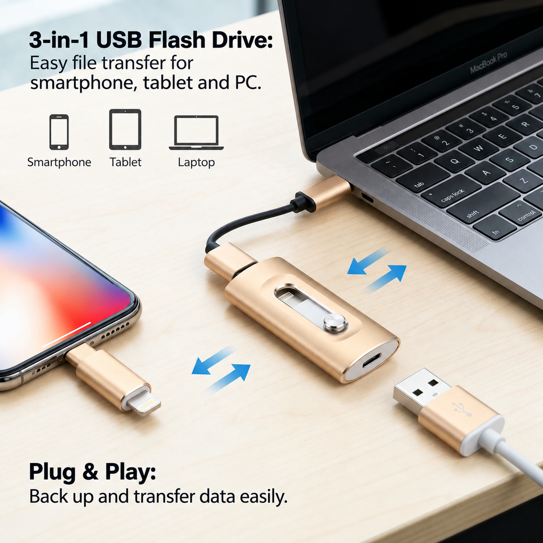 3-i-1 USB-minnepinne | USB 3.0 høyhastighet med Type-C og OTG-adapter