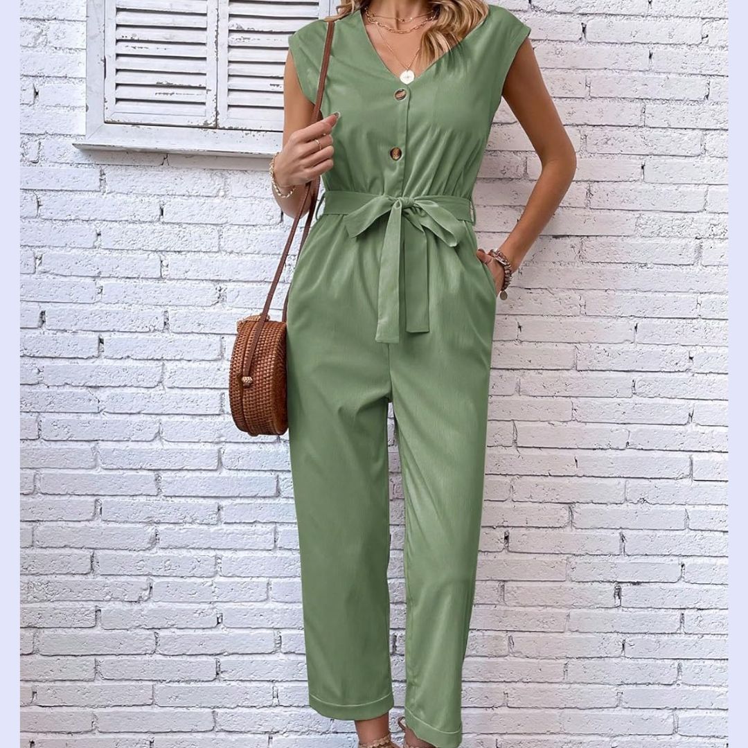 V-Hals Kortermet Jumpsuit for Kvinner