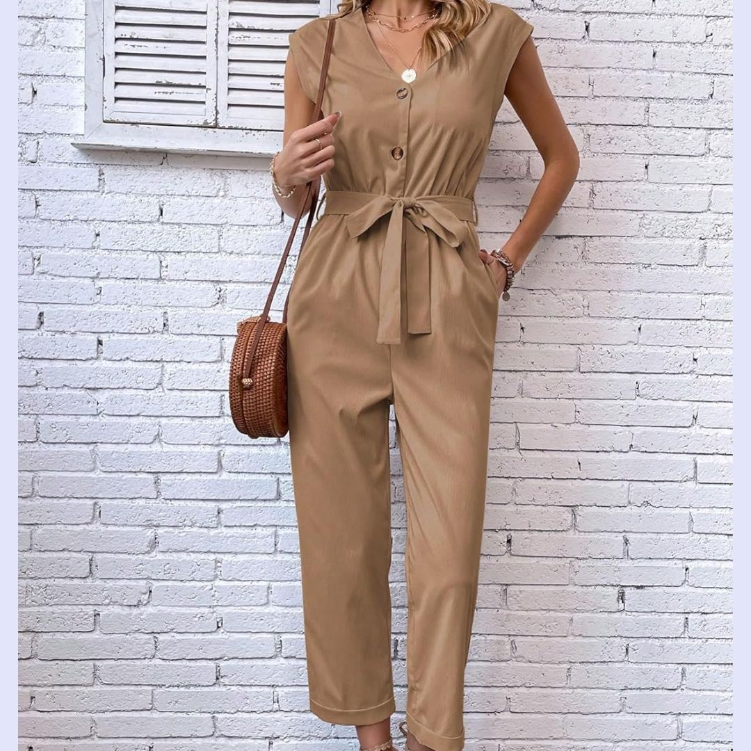 V-Hals Kortermet Jumpsuit for Kvinner