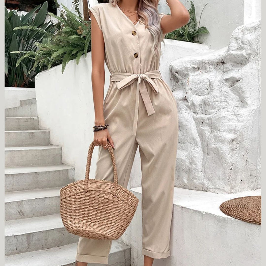 V-Hals Kortermet Jumpsuit for Kvinner