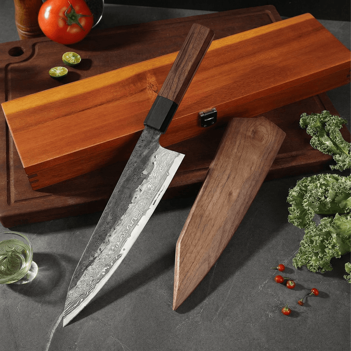 Kiritsuke-kniv, blad i rustfritt stål, skaft i jerntre, 8,5 tommer