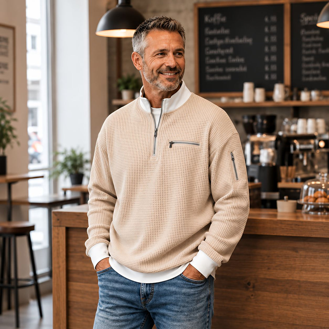 Herregenser i vaffelstrikk med 1/4-glidelås i kragen