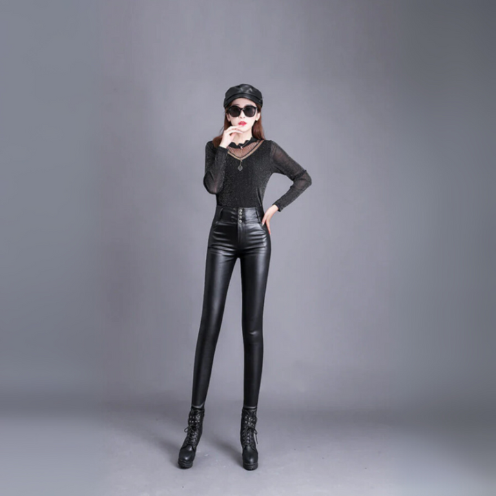 Kvinners stilige høyt liv PU lær bukser