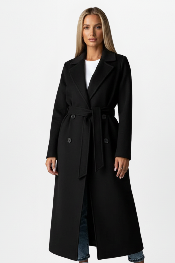 Lang jakke til dame med belte og dobbeltspent knapperad