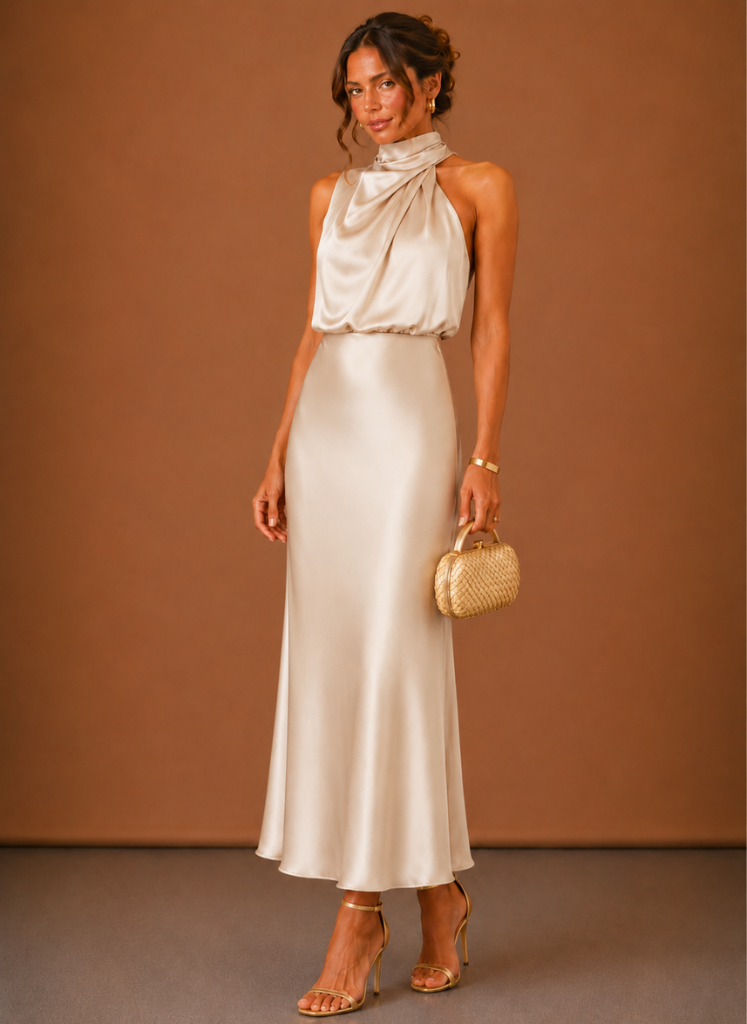 Maxikjole i sateng med halterneck til dame – elegant kjole for bryllupsgjester