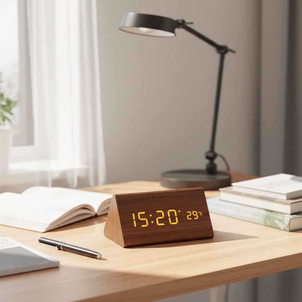 Elegant LED-klokke i tre med stemmestyring