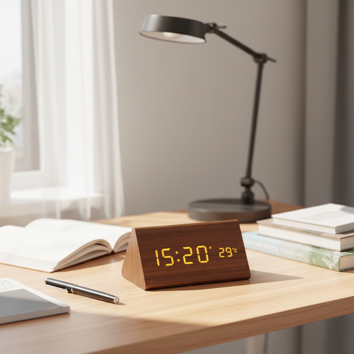 Elegant LED-klokke i tre med stemmestyring