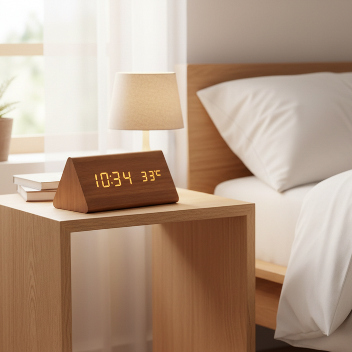 Elegant LED-klokke i tre med stemmestyring