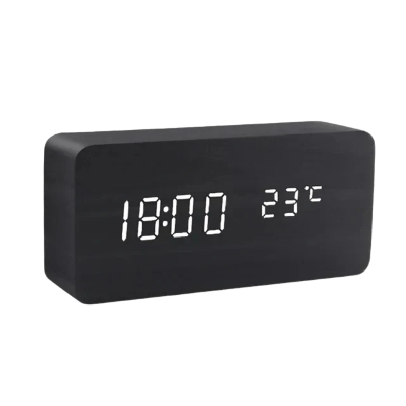 Elegant LED-klokke i tre med stemmestyring