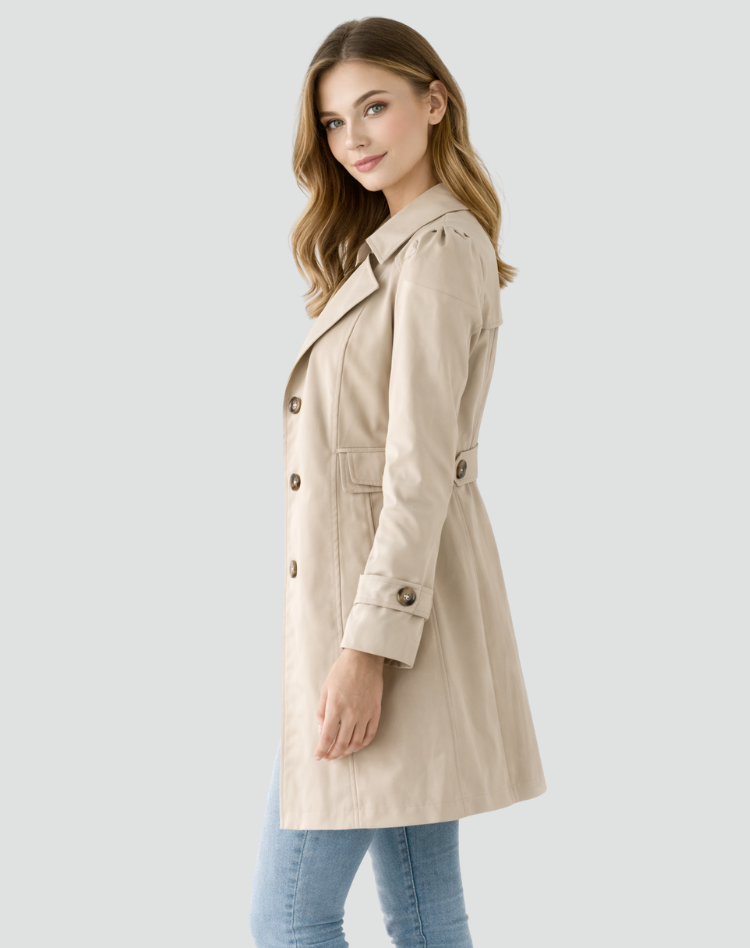 Tilpasset trenchcoat til dame med klassisk jakkeslag, halvlang