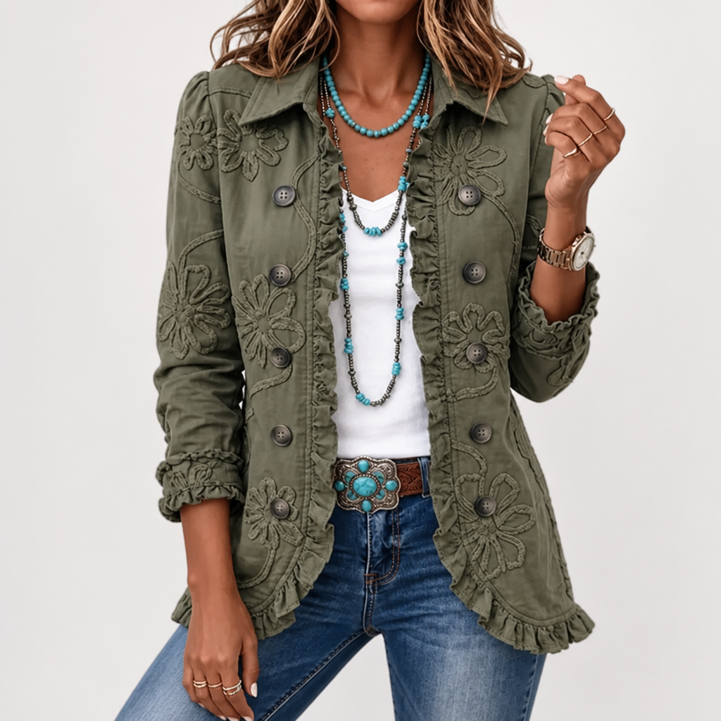 Blomsterbrodert utility-jakke – vintage boho-stil med volangkanter