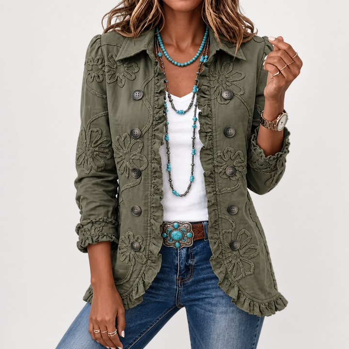 Blomsterbrodert utility-jakke – vintage boho-stil med volangkanter