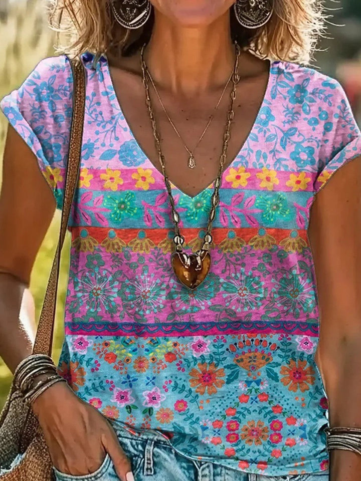 Casual T-skjorte med blomstertrykk og V-hals - Enkelt stil møter hverdagskomfort