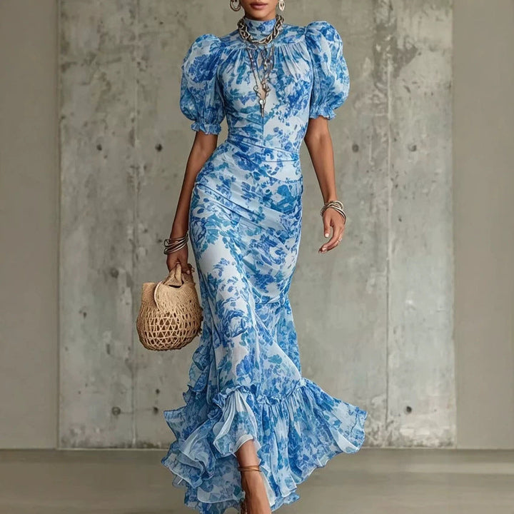 Puff-sleeve Printed Slim-fit Long Pleated Dress