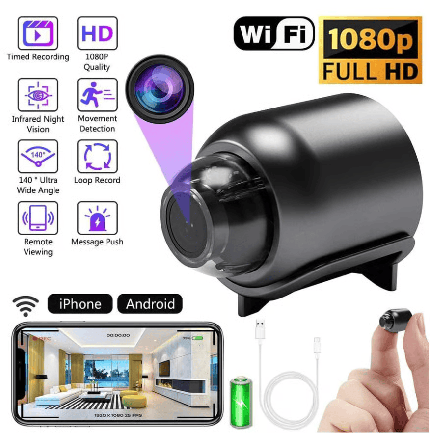 Mini 1080P HD WiFi-sikkerhetskamera – tar opp video og lyd.