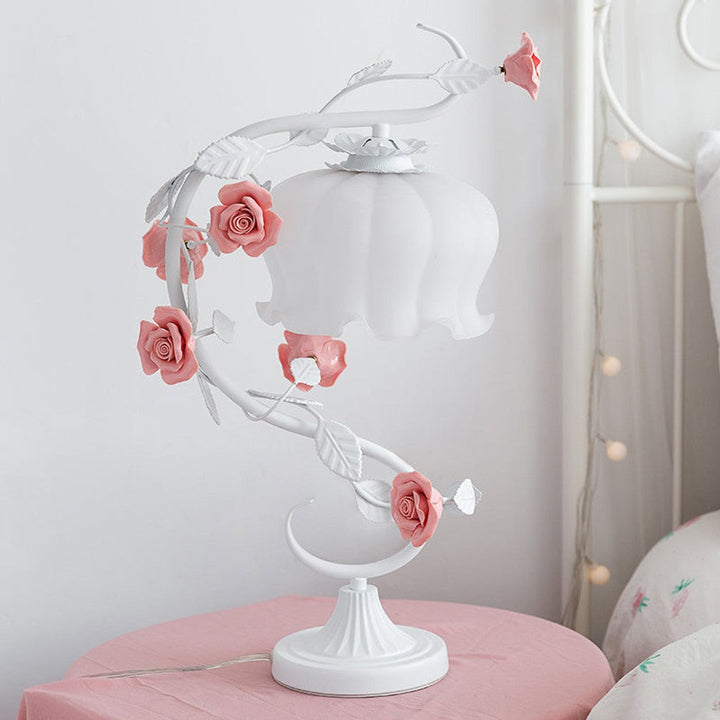 1 Huvudbordslampa Pastoral Stil Knopp Vit Glas Nattduksbord Belysning med Keramisk Ros för Sängbord — bilde 2