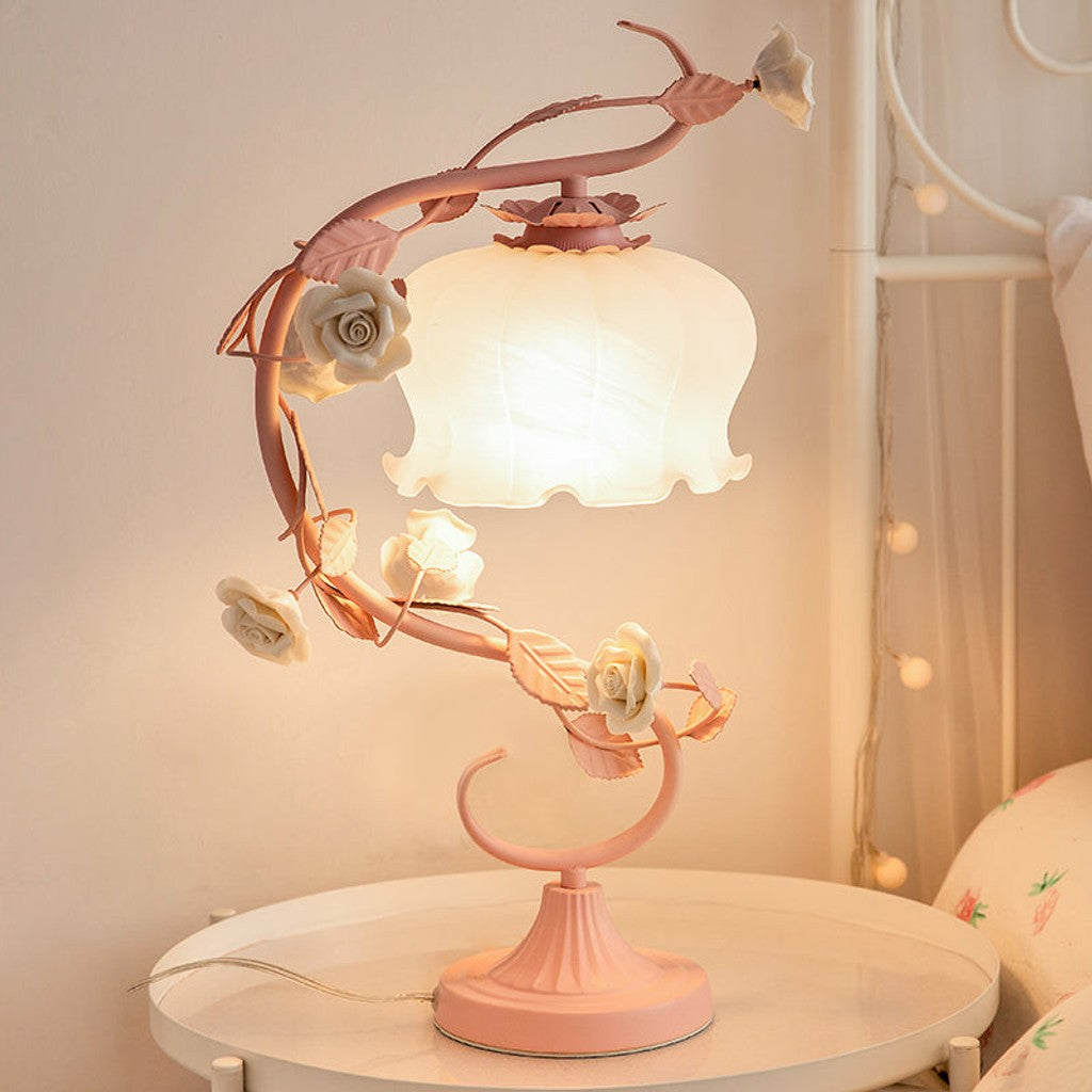 1 Huvudbordslampa Pastoral Stil Knopp Vit Glas Nattduksbord Belysning med Keramisk Ros för Sängbord — bilde 3