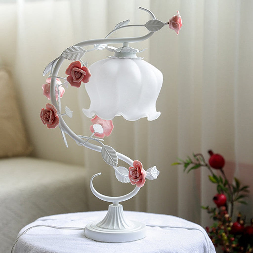 1 Huvudbordslampa Pastoral Stil Knopp Vit Glas Nattduksbord Belysning med Keramisk Ros för Sängbord — bilde 4