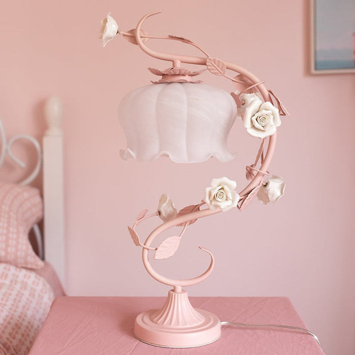 1 Huvudbordslampa Pastoral Stil Knopp Vit Glas Nattduksbord Belysning med Keramisk Ros för Sängbord — bilde 5