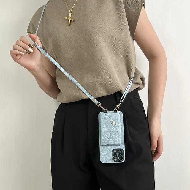 Lær Crossbody Telefonveske med Nøkkel Snøre og Kortholder