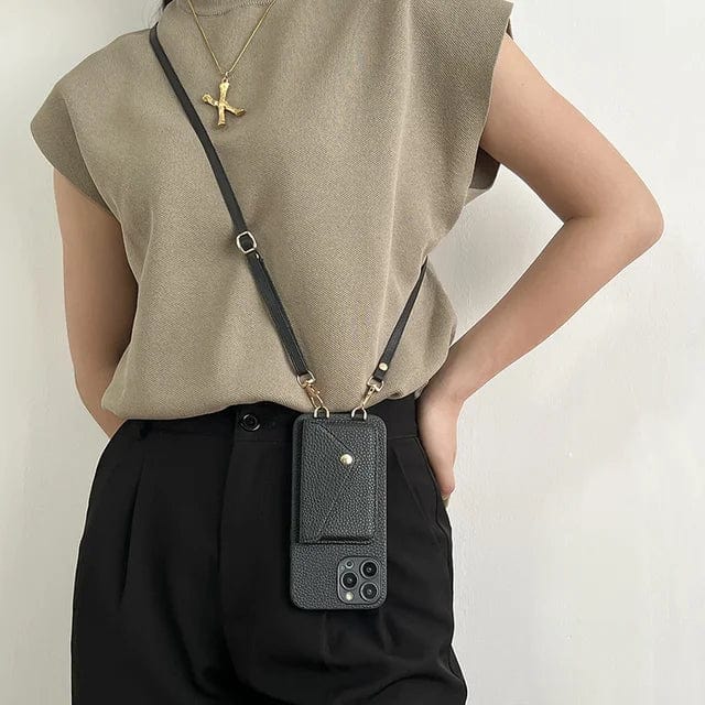Lær Crossbody Telefonveske med Nøkkel Snøre og Kortholder