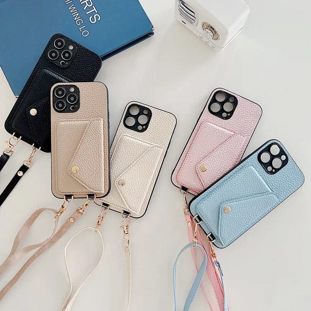Lær Crossbody Telefonveske med Nøkkel Snøre og Kortholder