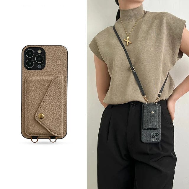Lær Crossbody Telefonveske med Nøkkel Snøre og Kortholder