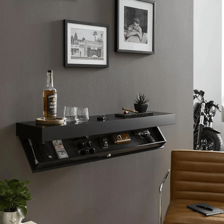 Vegghylle i massivt tre med skjult rom | minimalistisk design