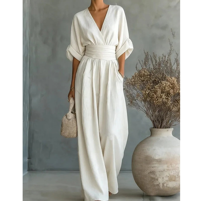 Elegant jumpsuit for damer med V-utringning og vide bukseben i høy midje