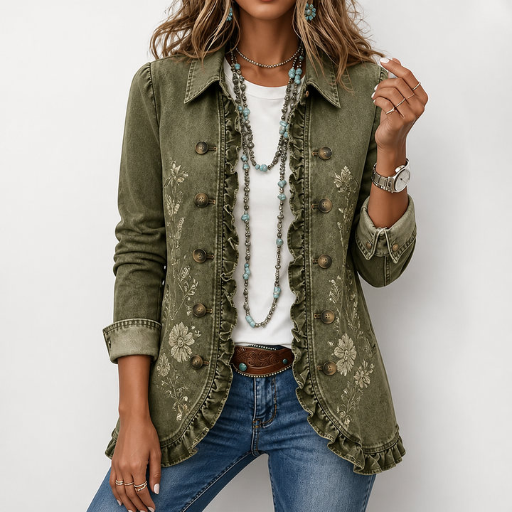 Blomsterbrodert utility-jakke – vintage boho-stil med volangkanter