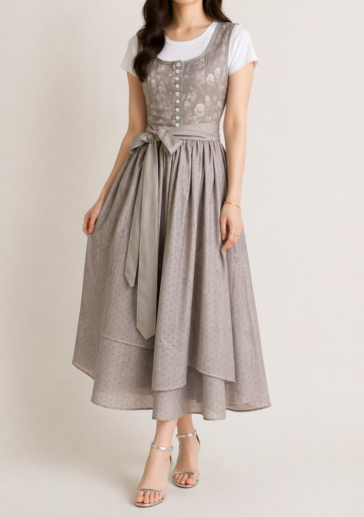 Dirndl til dame med glidelås, blondeermer og midjebånd.