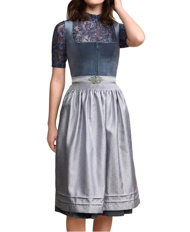 Dirndl til dame med dekorativ bord, forkle og plissert skjørt