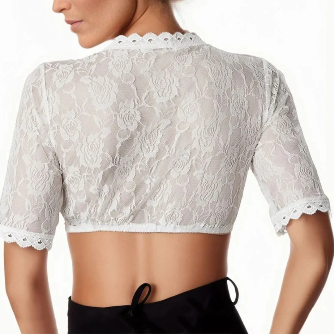 Dirndl-crop-top til dame med blomsterblonder og dyp V-ringning