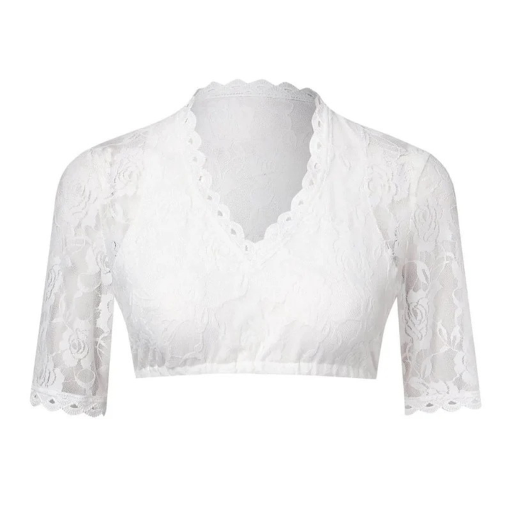Dirndl-crop-top til dame med blomsterblonder og dyp V-ringning