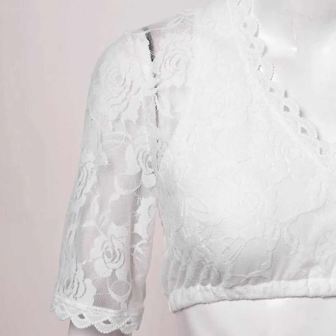 Dirndl-crop-top til dame med blomsterblonder og dyp V-ringning
