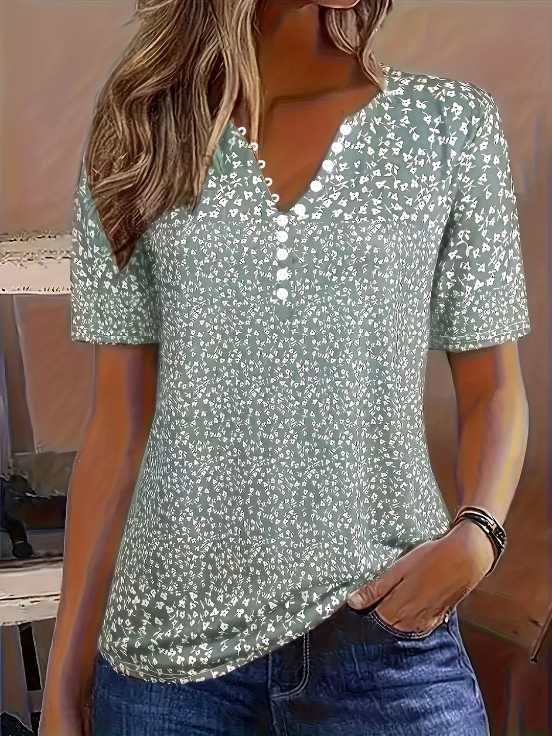 Casual Sommer Top med V-Hals, Knapplukking, og Korte Ermer