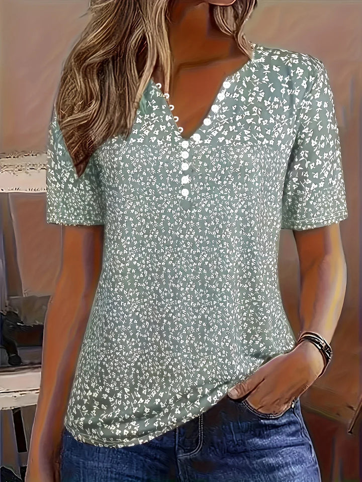 Casual Sommer Top med V-Hals, Knapplukking, og Korte Ermer