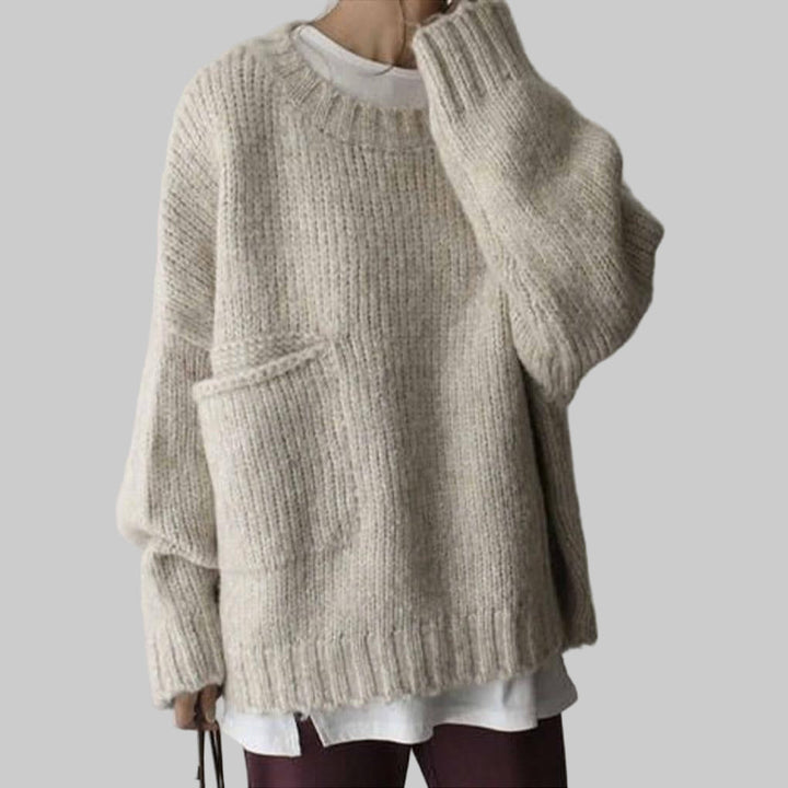 Oversized Elfenben Lomme-Front Genser – Avslappet Hverdag Lag