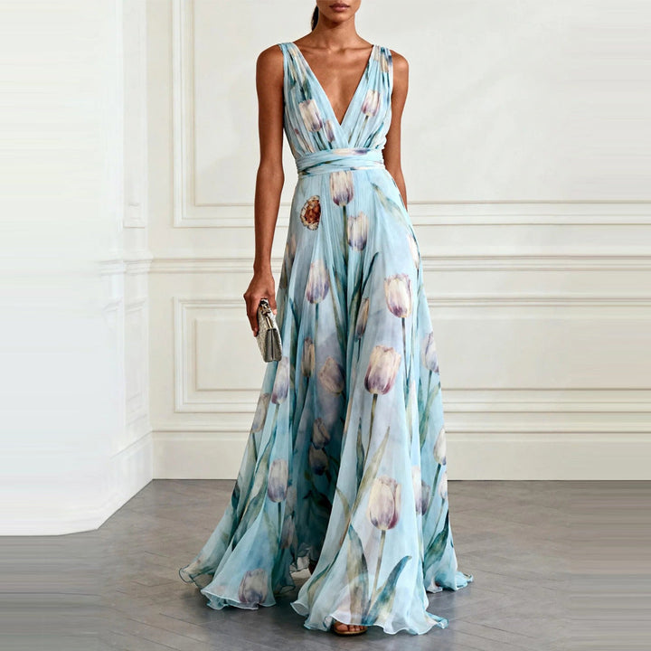 Bluesy Tulip-Print Gown Elegant Flowing Sleeveless V-Neck Chiffon Maxi Dress For Parties And Formal Events