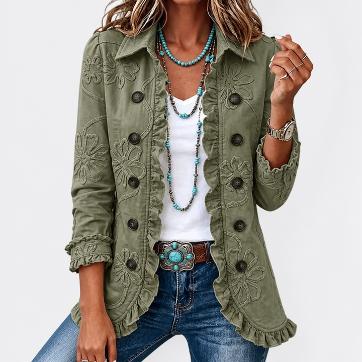 Blomsterbrodert utility-jakke – vintage boho-stil med volangkanter