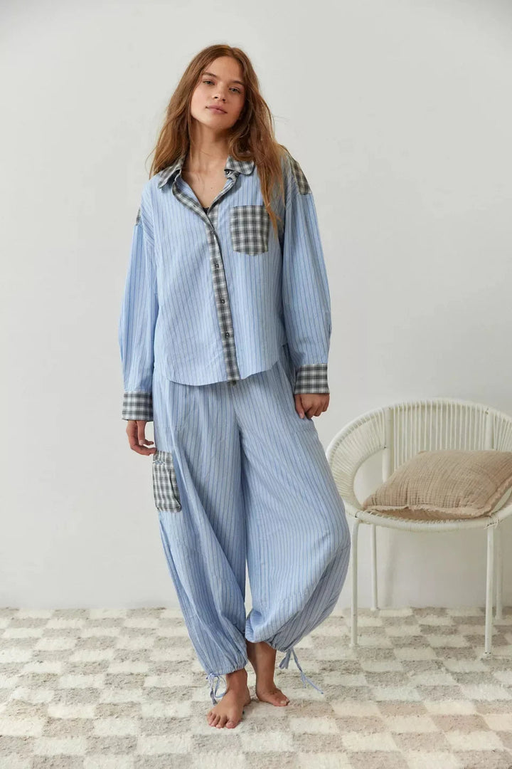 Dame Pyjamassett med Knappedetalj og Bukse med Snøring