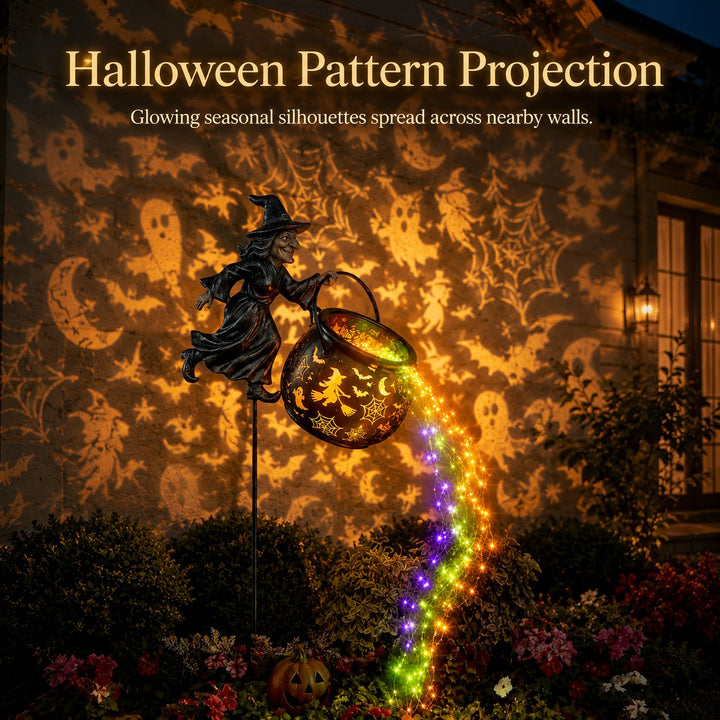Halloween heksekjele-hagelampe med fargerikt lys og skumle projeksjoner