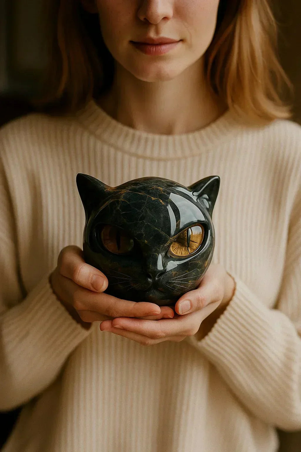 NoirCat-skulptur – Svart Katthode med Hypnotiske Øyne