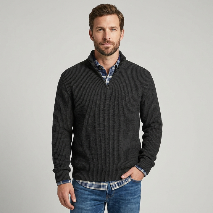 Menns Ribbet Strikket Pullover med Halv-Glidelås Hals