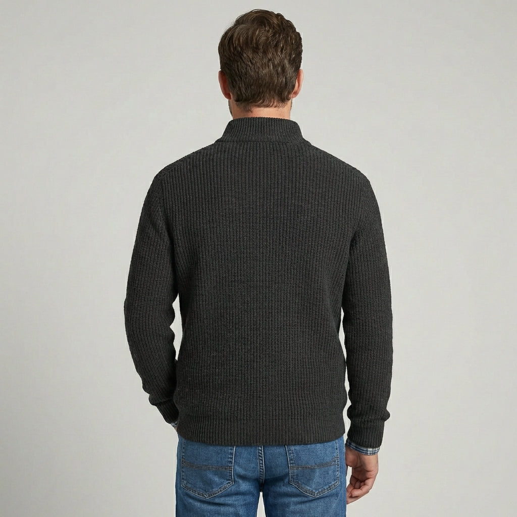 Menns Ribbet Strikket Pullover med Halv-Glidelås Hals