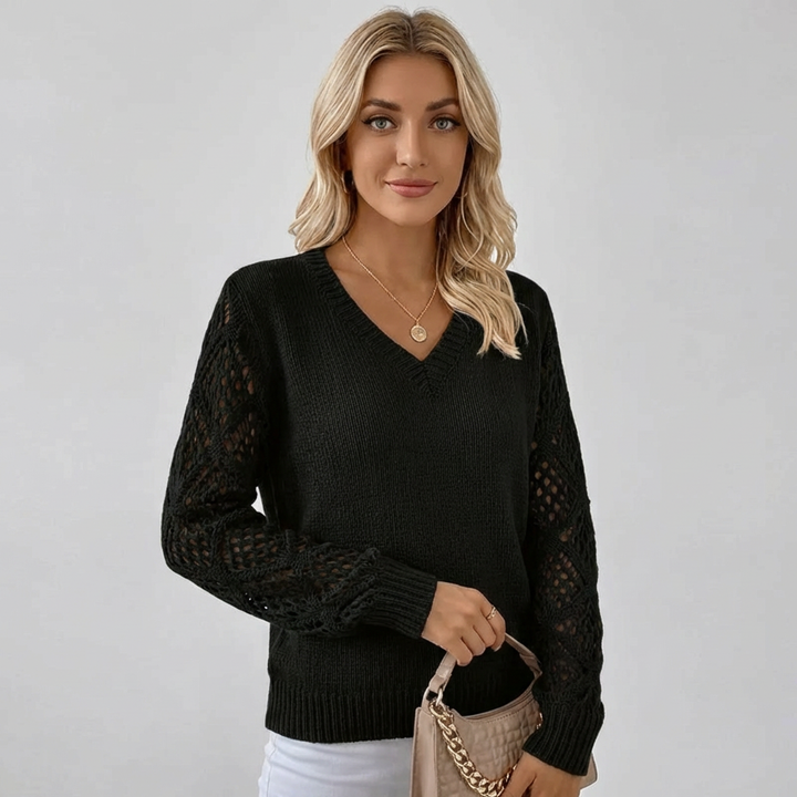 Kvinners Fine Strikkegenser med V-Hals og Lange Ermer