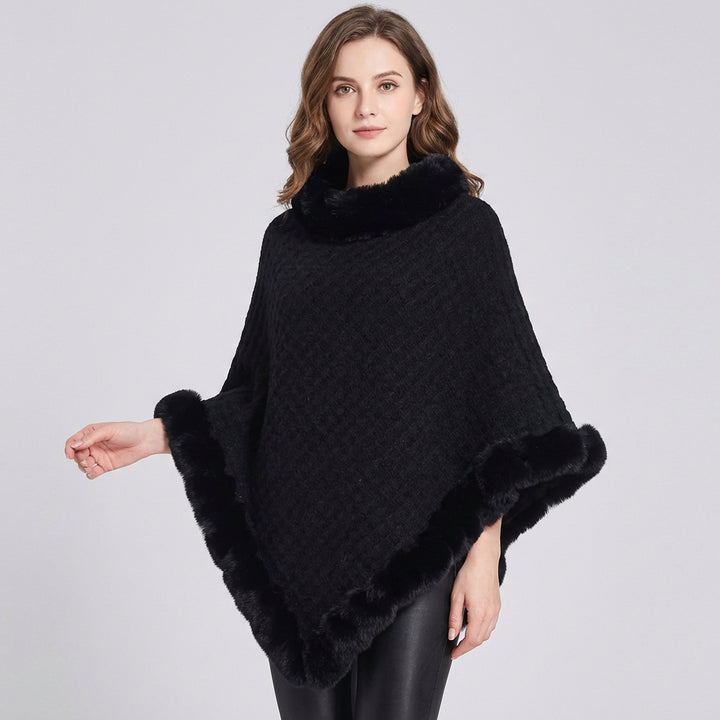Kvinners Strikket Poncho med Faux Fur Kant og Oversized Passform